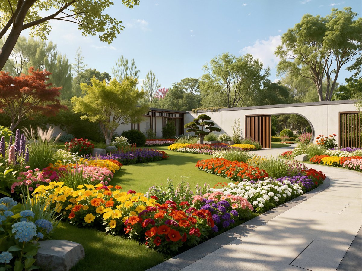 Beautiful contemporary garden with stepping stones and flowering borders