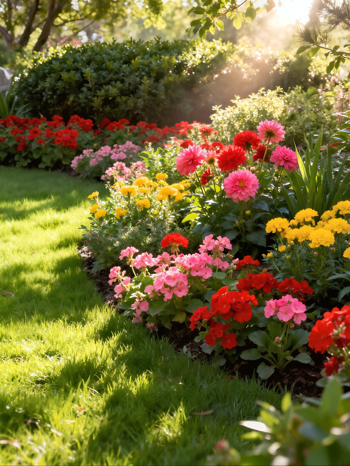Beautiful planted flower bed with red pink and yellow blooms